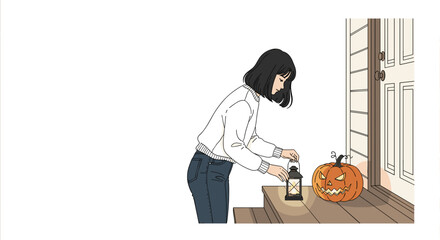 Woman placing lantern next to Halloween pumpkin in minimalist style