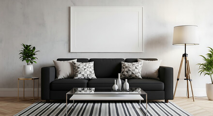 Stylish living room with a black sofa and mockup frame