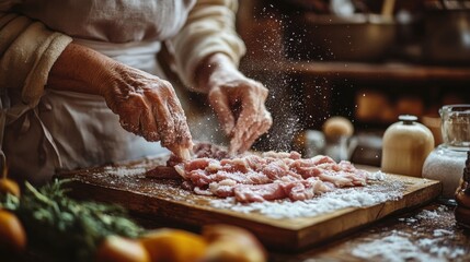 Grandmother salting meat slices for drying on wooden tray, rustic background