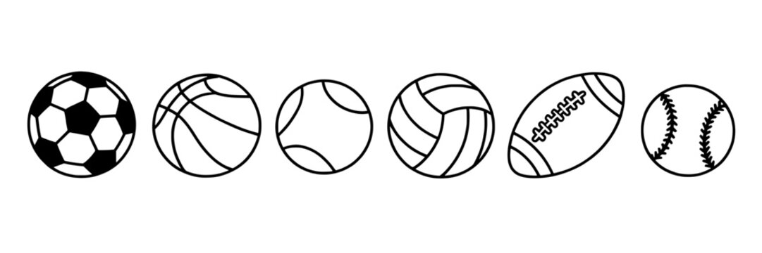 Sport ball collection: soccer, basketball, tennis, volleyball, football, baseball. Simple black and white line art vector illustration set. Minimalist sports design elements for logos, icons, and athl