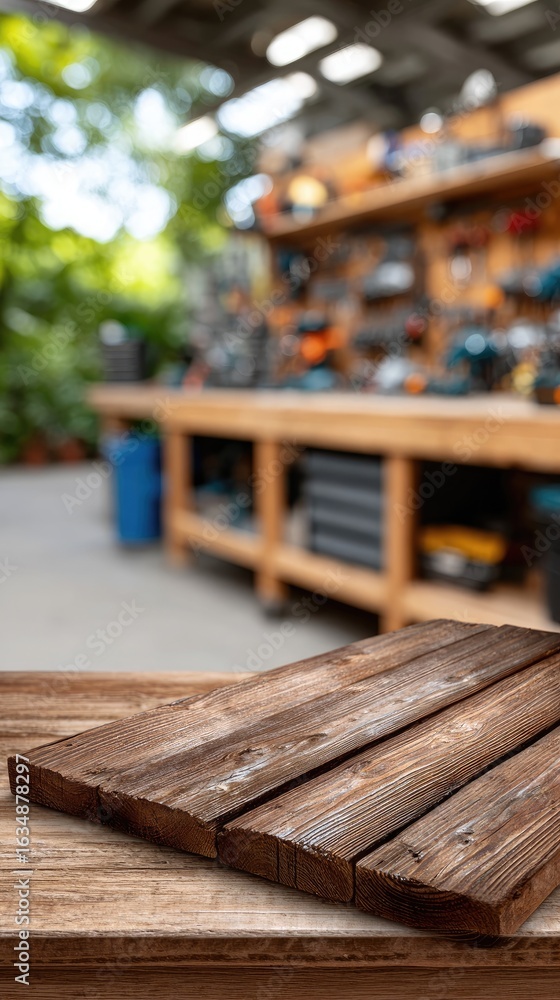 Poster rustic wooden planks rest in foreground while a bright and organized workshop filled with tools crea