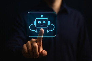 Man Touching Futuristic Chatbot Hologram Interface in Dark Background for AI Technology Communication and Virtual Assistant Concept