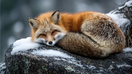A sleeping red fox with a fluffy tail rests on a snow-covered rock resting