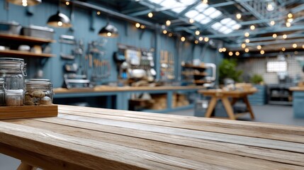 Rustic wooden planks rest in foreground while a bright and organized workshop filled with tools creates a productive atmosphere