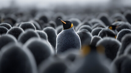 A solitary king penguin stands tall amidst a dense colony of its kind wildlife bird