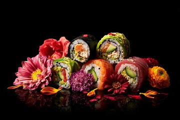 Delicious appetizing sushi, rolls. Exotic food. Image for designers, marketers and IT. Popular illustration, object. Sphere of trade, economy, sales.
