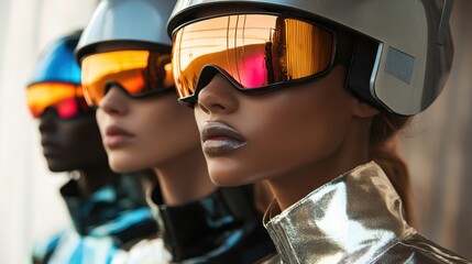 Group of models wearing retro-futuristic helmets and metallic jackets