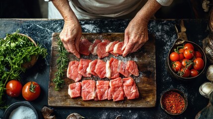 Grandmother salting meat slices for drying on wooden tray, rustic background