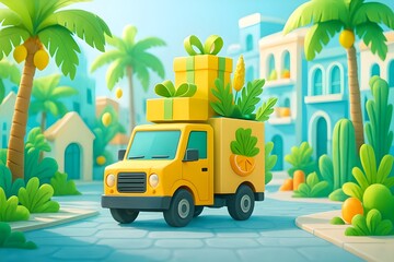 3D Cartoon Delivery Truck in Tropical Town Illustration