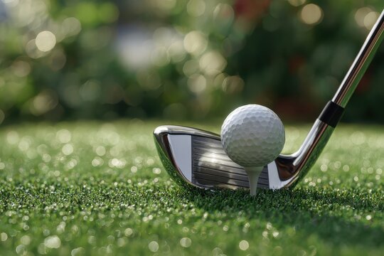 Closeup of a golf club making contact with a golf ball on a lush green turf during a sunny day at the driving range