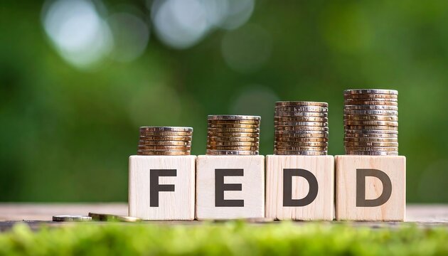 Wooden blocks spelling "FEDD" with ascending stacks of coins on a mossy surface against a blurred green background