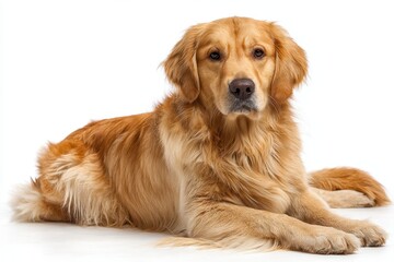 Obraz premium Golden Retriever dog sits calmly on the floor, showcasing its beautiful golden coat in a cozy interior setting with soft lighting during the afternoon