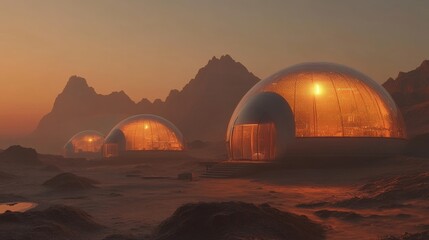 Exploring futuristic living dome houses on mars at dusk digital sci-fi environment aerial view