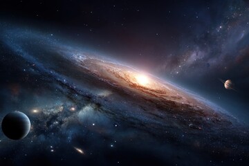 Fototapeta premium Stunning view of a vibrant galaxy with swirling stars and distant planets in a cosmic expanse filled with colorful gaseous formations