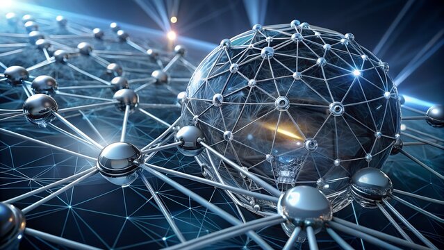 Futuristic network connection structure with data nodes and global communication system design concept 3d render