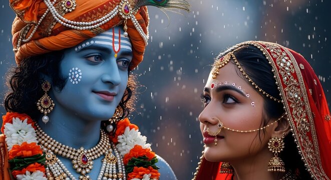 Naklejki Krishna and radha love story indian god hinduism mythology divine couple spiritual art image