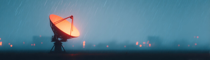 Weather radar, Satellite dish radar glowing orange in rainy weather with blurred city lights in background creating moody atmosphere