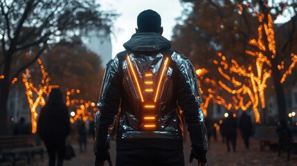 Man wearing chrome AI exo-suit jacket in digital park