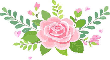 Beautiful Pink Rose Flower with Green Leaves and Hearts.