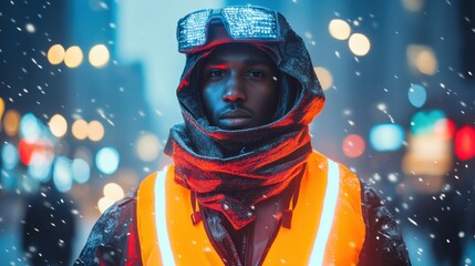Man wearing chrome AI exo-suit jacket in digital park