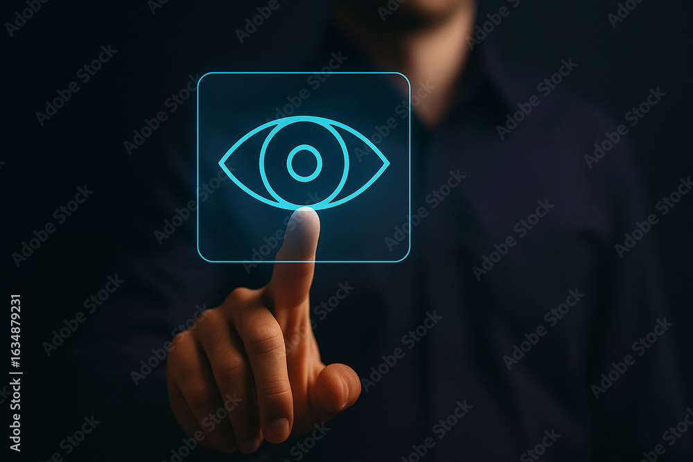 Poster touchscreen interface finger pressing digital eye icon for computer vision technology and artificial