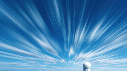 Weather radar, Weather radar dome under dynamic blue sky with streaked clouds creating sense of motion and atmospheric energy