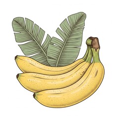 Vintage illustration of ripe bananas with tropical leaves and bold textures
