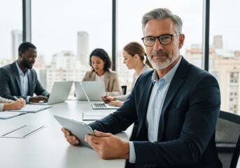 Fototapeta premium Mature Businessman Using Tablet in Modern Meeting Room with Diverse Colleagues Strategic Corporate Planning and Digital Innovation