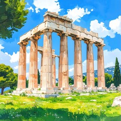 Obraz premium Ancient Greek temple in a vibrant landscape
