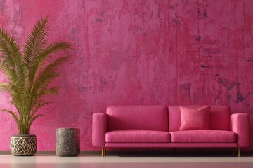 Bright magenta pink wallpaper featuring abstract shapes enhances a cozy living space with matching sofa and lush greenery
