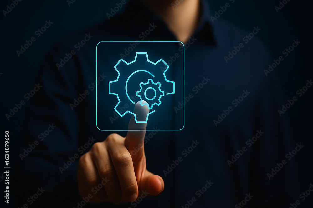 Poster man touching virtual gear icon interface in dark background for technology, innovation, automation, 