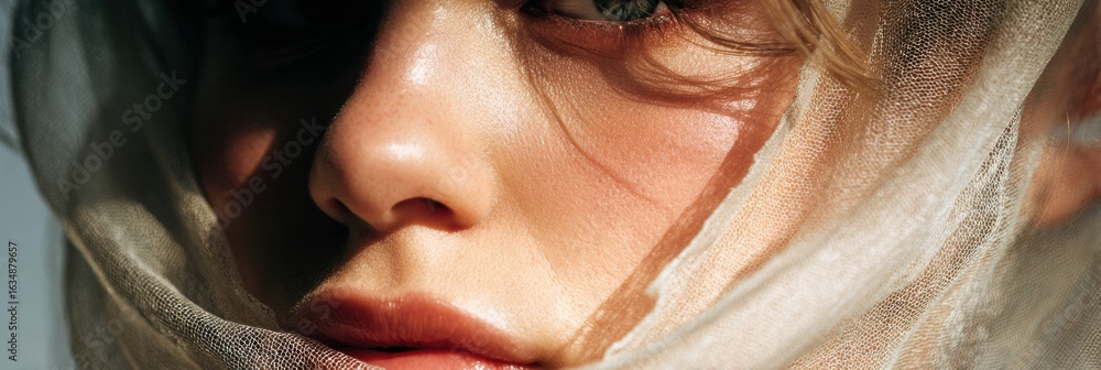 Poster skin illuminated through translucent veil creating a soft poetic effect in a serene setting with cle