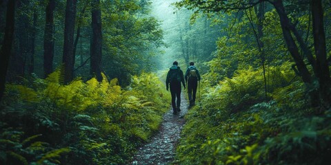 Fototapeta premium Exploring nature trails with friends serene forest adventure lush green environment tourists perspective