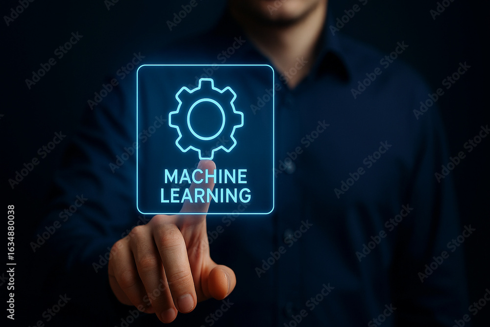 Poster machine learning gear icon touch interaction concept for ai technology, innovation, automation, data
