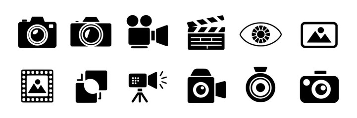 Photography and videography icon set. Vector collection of black and white camera, video camera, clapperboard, eye, photo, film strip, lens, spotlight, and digital camera symbols. Simple, minimalist d