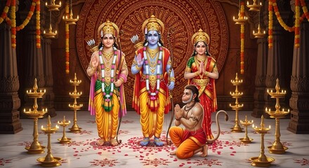 Lord rama family darshan with hanuman in temple indian god hinduism religious festival puja arti