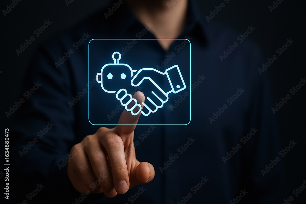 Poster futuristic robot handshake hologram interface touch interaction concept for ai technology, innovatio