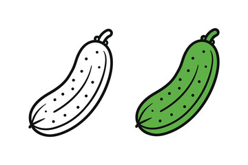 Cucumber Vegetable Icon Set – Outline and Colored Vector Illustration