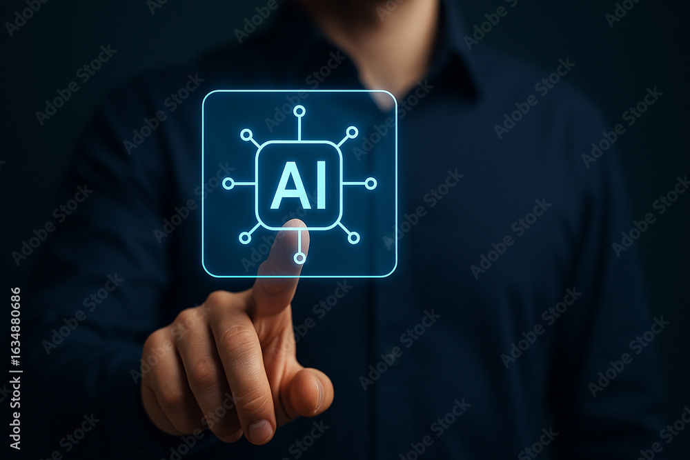 Poster touching futuristic ai spark icon interface technology concept for innovation, automation, intellige