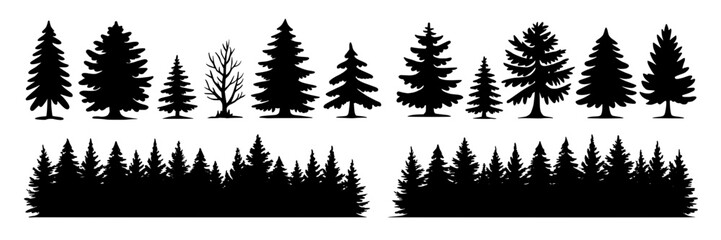 Obraz premium Black and white vector silhouette collection of pine and fir trees. Illustration set of evergreen forest, monochrome graphic elements for Christmas, winter, nature designs. Isolated tree shapes and fo