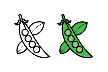 Pea pod icon set. Vector illustration of a green vegetable in outline and flat color styles.