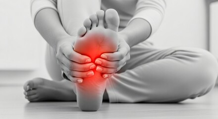 Person holding painful foot with red highlighted sole, foot pain
