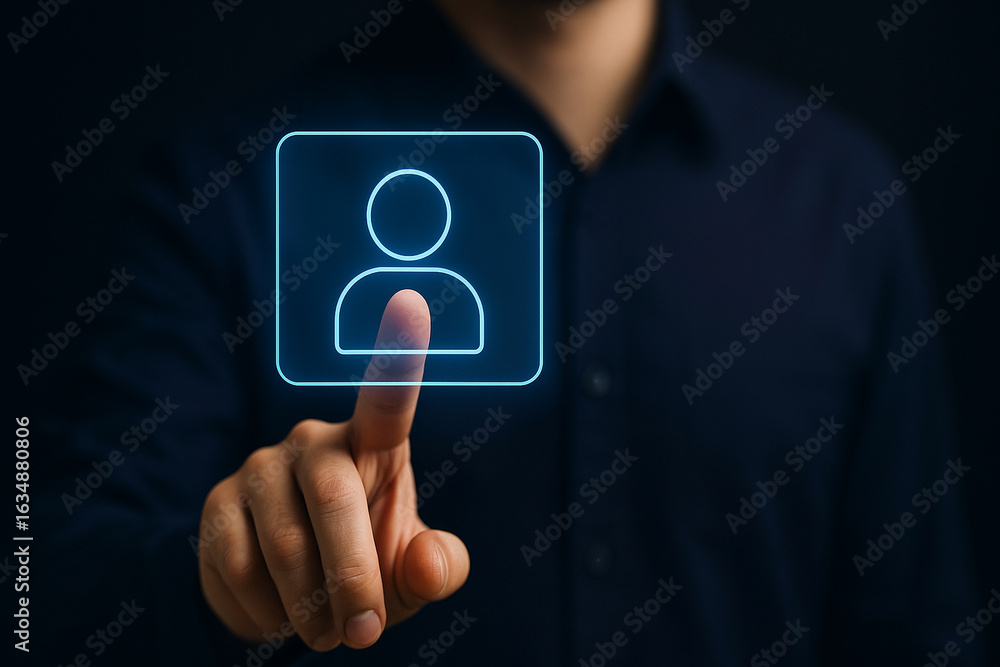 Poster futuristic digital interface with finger touching virtual user icon for technology, security, login 
