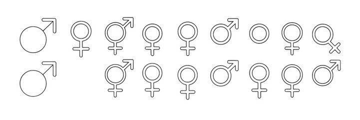 Set of male and female gender symbols. Line art icons, circles, arrows and plus signs. Simple, minimalist black and white vector illustration. Graphic design elements for gender identity, equality, or