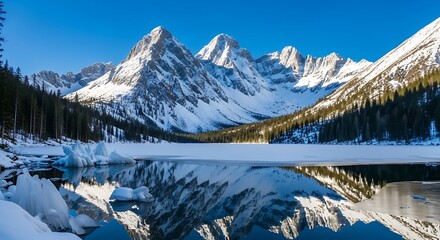 Winter lake landscape with snow covered mountains and reflection in the water, beautiful nature