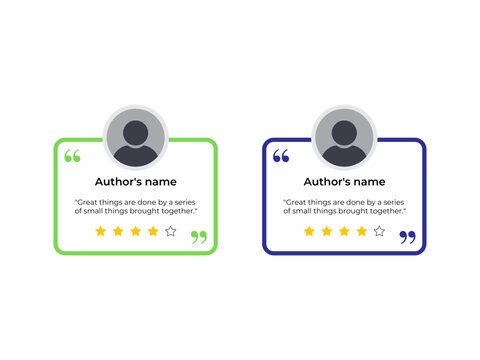 Two testimonial banner cards quote infographic social media post template designs quotes with user profile icons and star ratings for customer feedback and reviews