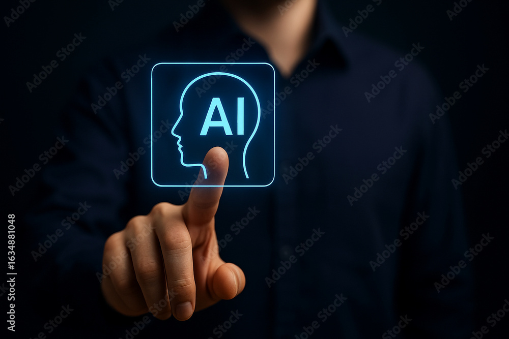 Poster futuristic ai interface touch interaction concept with glowing icon for technology, innovation, comm