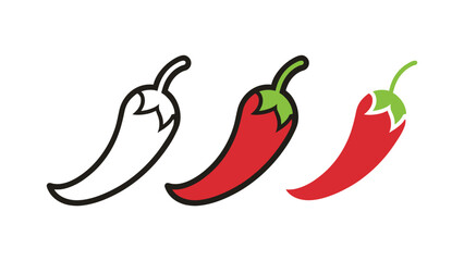 Red chili pepper icon set. Vector illustration of a hot spicy vegetable in outline, flat color, and glyph styles.