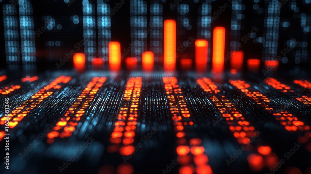 Poster abstract digital data stream, glowing orange lines. possible use for technology, business, and data 
