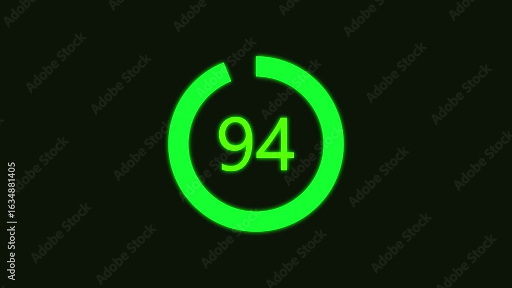 Poster numerical counting from 0 to 94. circular progress bar with bright neon green light , countdown gree